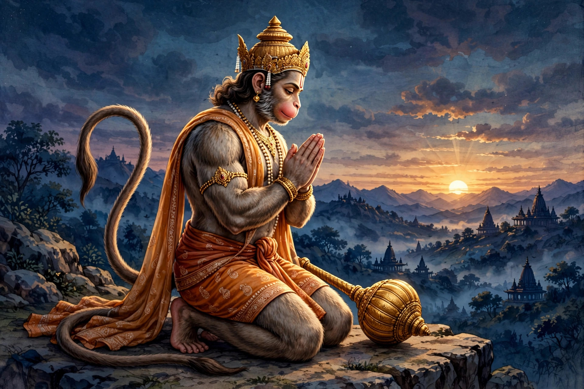 Lord Hanuman kneeling in prayer at dawn, golden mace beside him, temples and mountains in the rising light